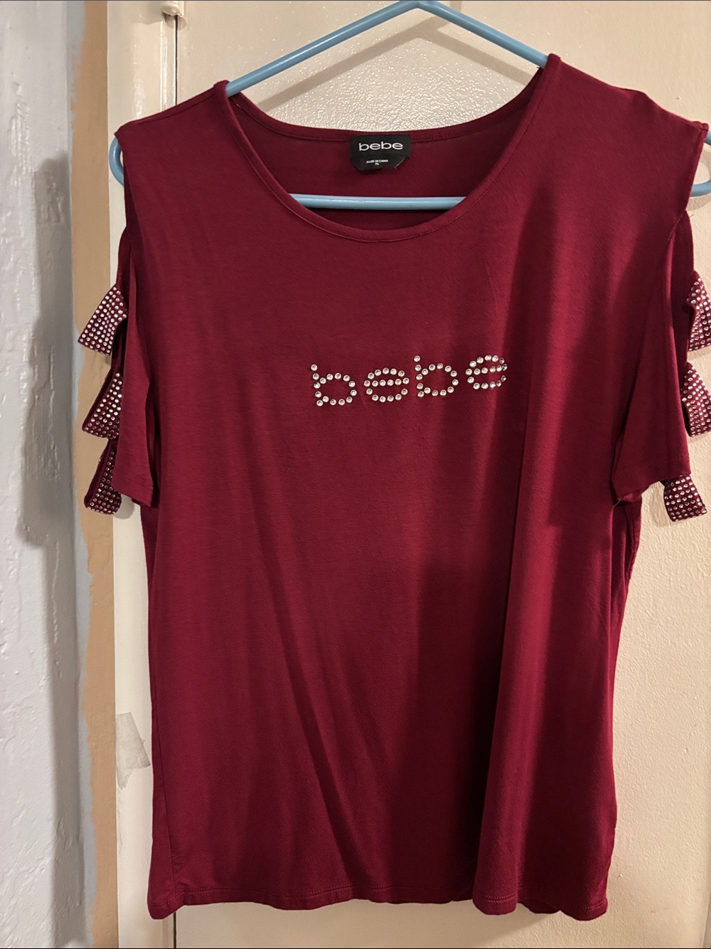 bebe Burgundy Cold-Shoulder Rhinestone Logo Top